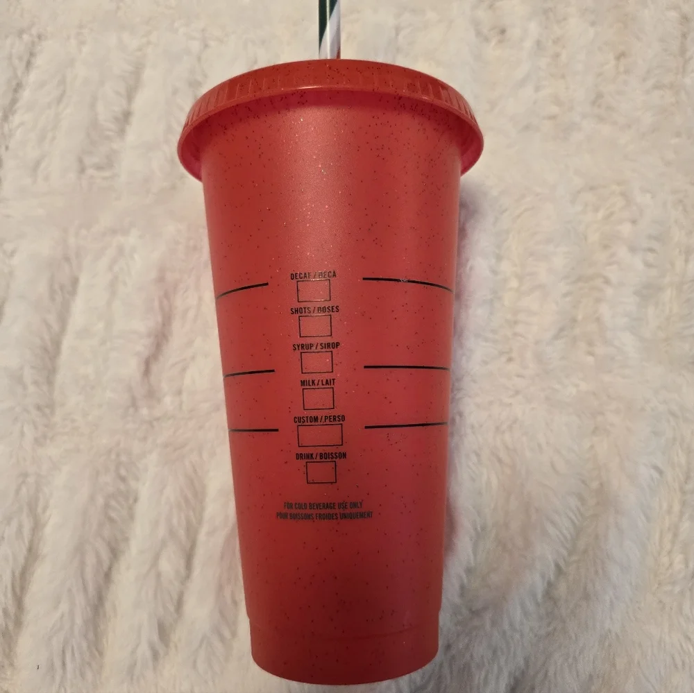 Starbucks 2023 Holiday Red Glitter Cold Cup With Straw And Lid Reusable 24oz New - Picture 3 of 4